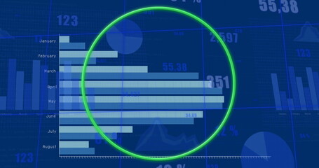 Highlighting dashboard bar chart with neon green circle, numeric readouts, pie and line overlays © vectorfusionart