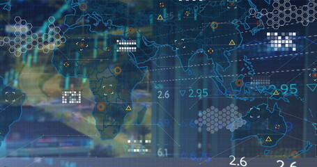 Naklejka premium Displaying digital world map overlaying grid in interface, with hexagon patterns and numbers