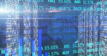 Displaying holographic financial data overlay in server room, with server racks and stock tickers