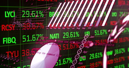 Stock market data streaming in digital interface, with percentage figures and robotic hand