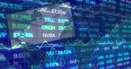 Displaying world map overlay floating over trading screen, with scrolling tickers and percentages