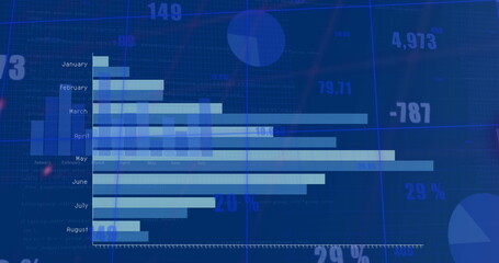 Presenting horizontal bar chart showing Jan to Aug on navy screen with cyan bars, numeric overlays © vectorfusionart