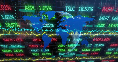 World map tracking stock market on trading hub, showing globe, tickers, percents, cyan yellow lines