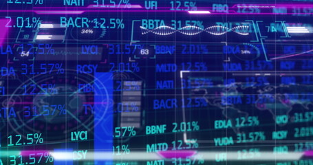 Showing overlays of ticker symbols, percentages, line graphs across trading center computer screens