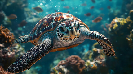 Fototapeta premium Sea turtle swimming amidst a coral reef.