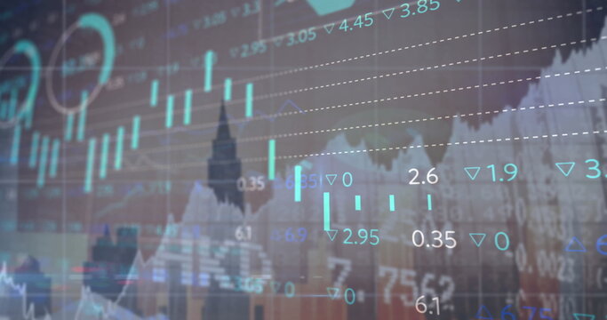 Financial overlay showing candlestick bars and line graphs in skyline view, with numeric indicators