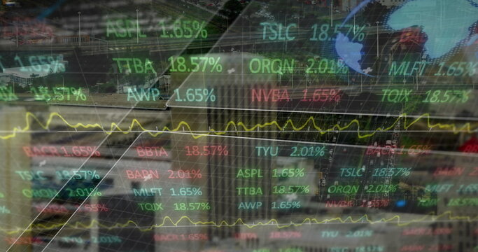 Showing stock ticker percentages and yellow line graph, with grid overlay over blurred harbor view
