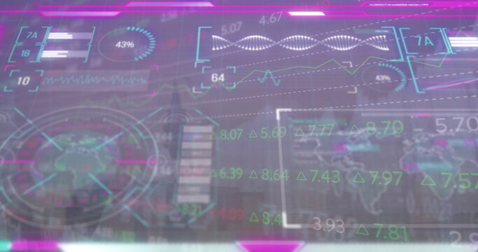 Displaying holographic data interface in command center, with waveform charts and percentage gauge