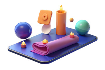 A serene digital spa scene unfolds, isolated on transparent background, featuring glowing candles, vibrant spheres, and a rolledup towel resting on a sleek blue tablet