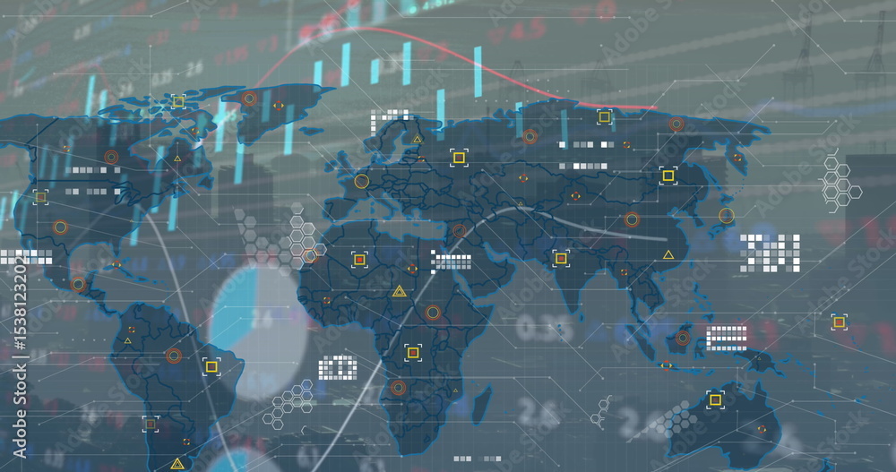 Poster displaying world map with node links, candlesticks, trend lines and numeric overlays on dashboard