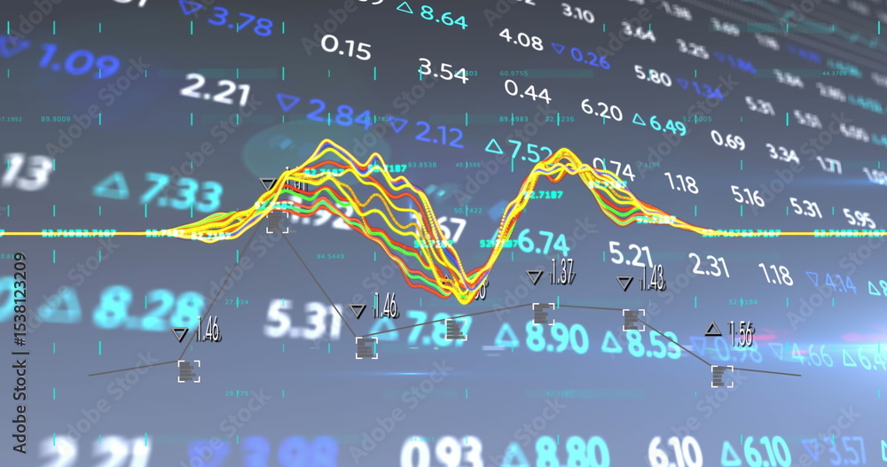 Poster displaying multi-colored line graph fluctuating on grid overlay, markers and numeric labels