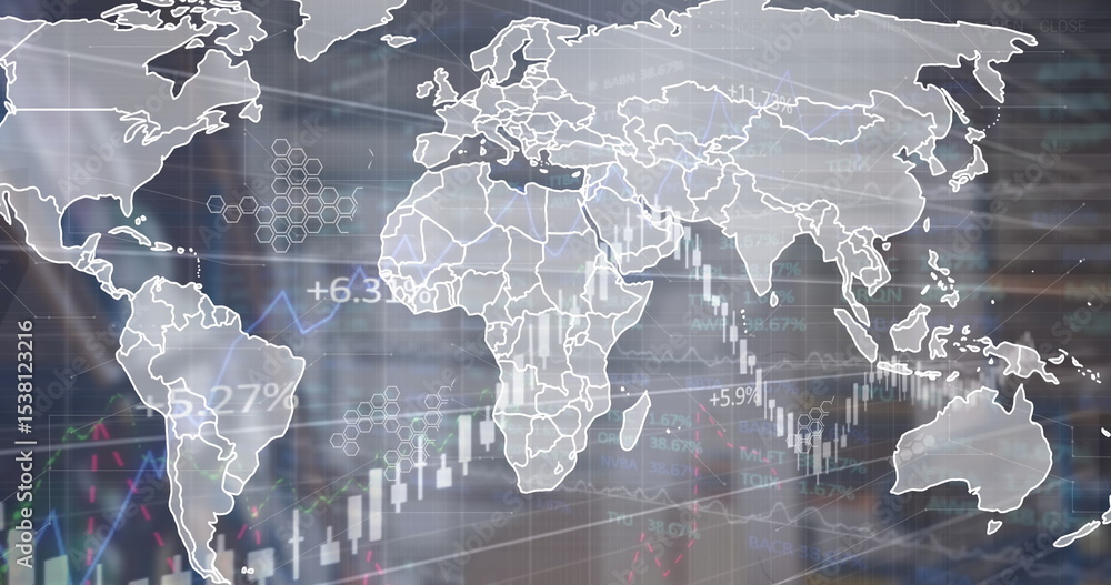 Poster displaying world map outline over candlestick charts line graph on data dashboard with hexagon grid