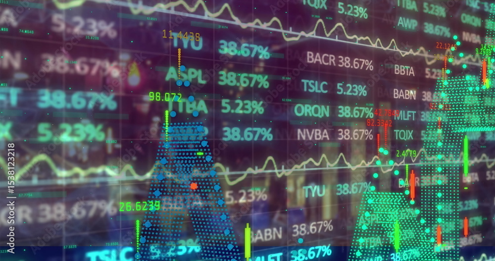 Poster interface displaying neon charts and graphs with percentages, tickers on grid in trading terminal