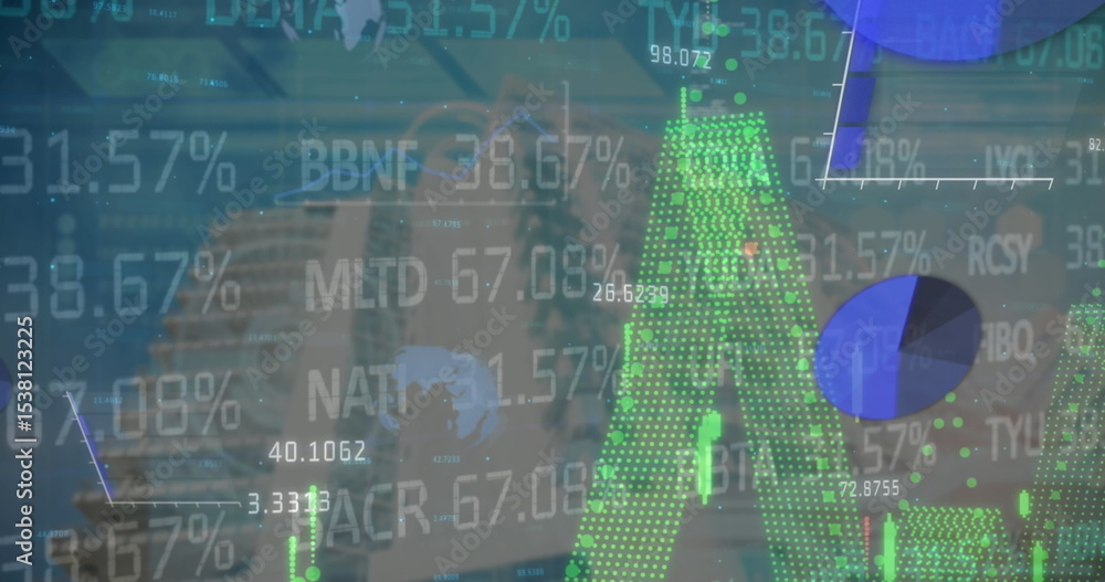 Poster displaying green dotted bar chart rising on financial interface with tickers and pie charts