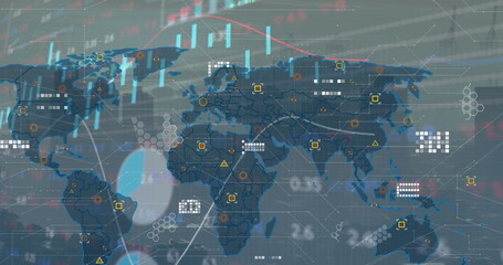 Displaying world map with node links, candlesticks, trend lines and numeric overlays on dashboard