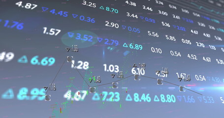 Data visualization floating in digital space, with numbers, arrows, focus markers and line graph