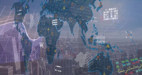 Overlaying digital world map projecting line graphs over city skyline, with warning icons