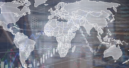Displaying world map outline over candlestick charts line graph on data dashboard with hexagon grid