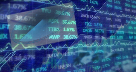 Displaying translucent 3D pie chart floating over tech dashboard interface, with scrolling tickers