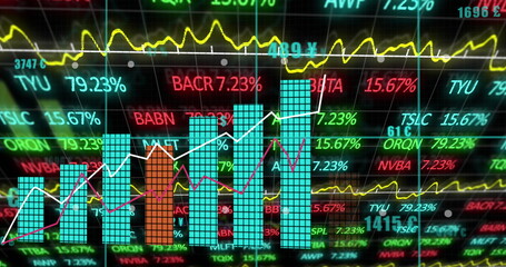 Central cyan bars overlaid with line graphs displaying stock on trading screen, floating tickers
