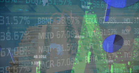 Displaying green dotted bar chart rising on financial interface with tickers and pie charts © vectorfusionart