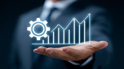 Productivity Growth and Effective Management ? ? ? ? ? ? ? ? ? Businessman holding a growth chart icon to optimize industrial processes. Boosting output via superior operational