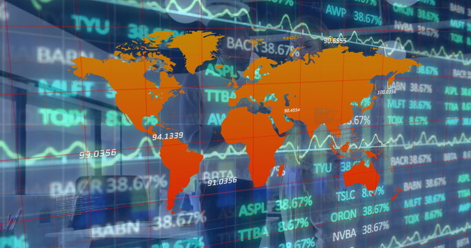 Displaying orange world map with red grid over scrolling stock tickers on trading screen