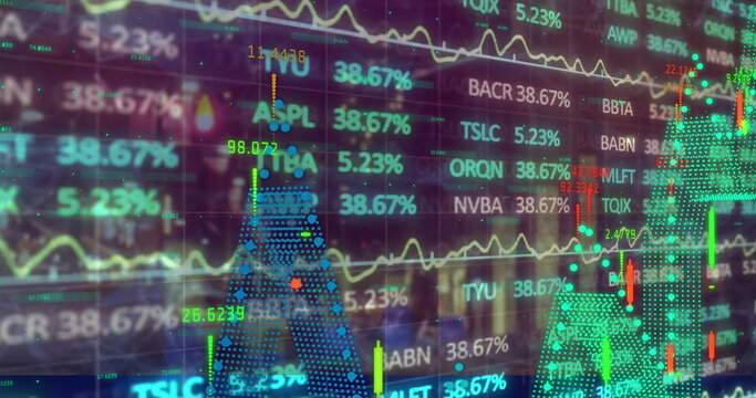 Interface displaying neon charts and graphs with percentages, tickers on grid in trading terminal