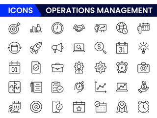 Streamlined vector web line icons depicting operations management, logistics, processes, efficiency, and strategic workflows for optimized business performance.