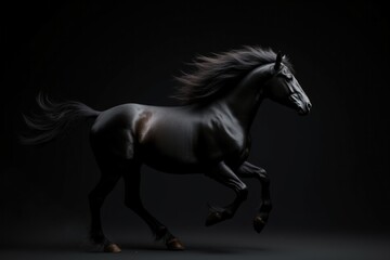 Black stallions with long mane run on dark background