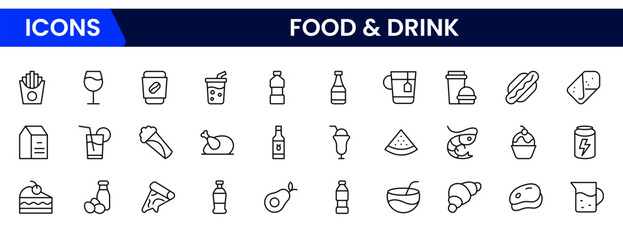 Appetizing vector web line icons depicting food, drinks, utensils, cooking, and dining experiences for culinary and beverage enthusiasts.