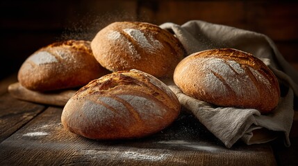 Artisan bread displayed with flour dust and rustic wooden table. Tradition visible. AI generated