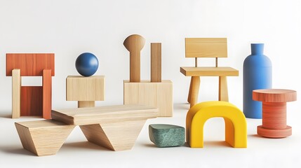 Assorted wooden and colored geometric shapes and miniature furniture on a white surface in studio lighting