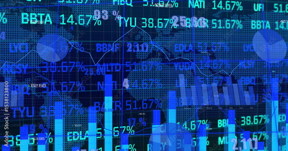 Poster displaying data visualization on digital screen, with bar charts, line graphs and ticker symbols