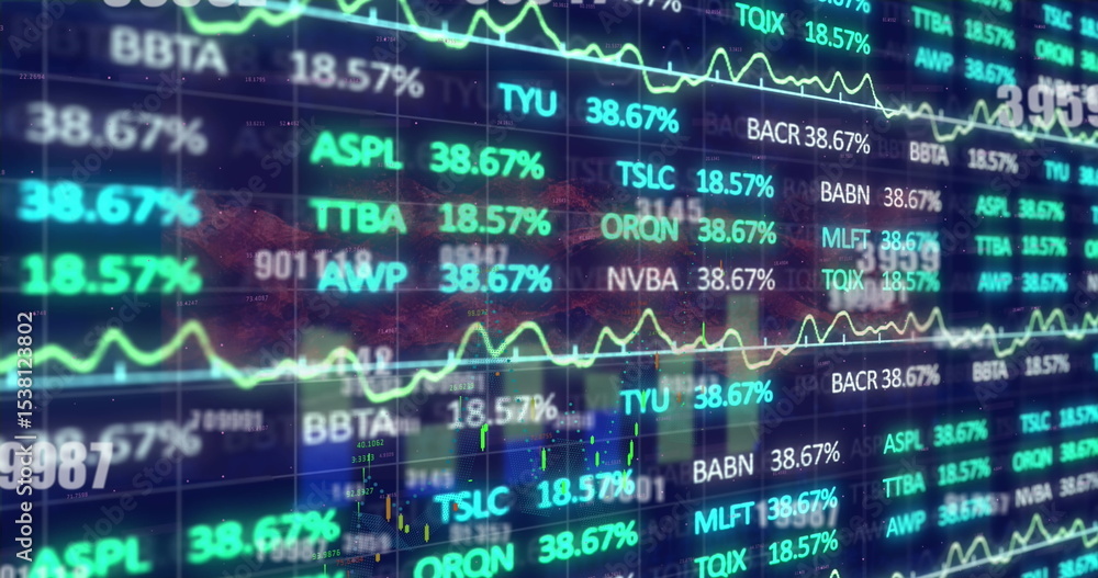 Poster displaying data grid overlay showing line graphs on screen featuring ticker symbols and percentages