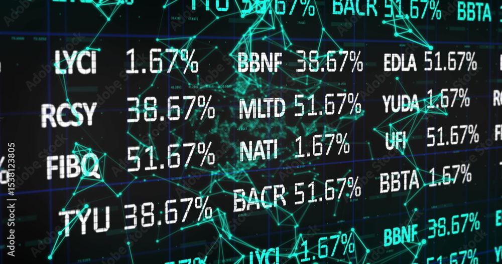 Poster displaying display panel with alphanumeric codes and percentages in console with neon green network