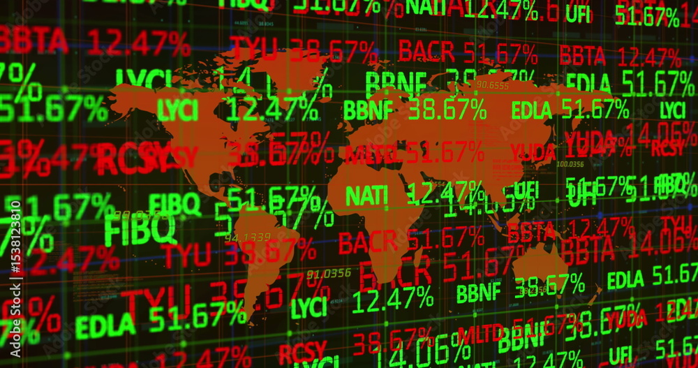Poster displaying orange world map silhouette overlaying digital dashboard, with scrolling stock tickers