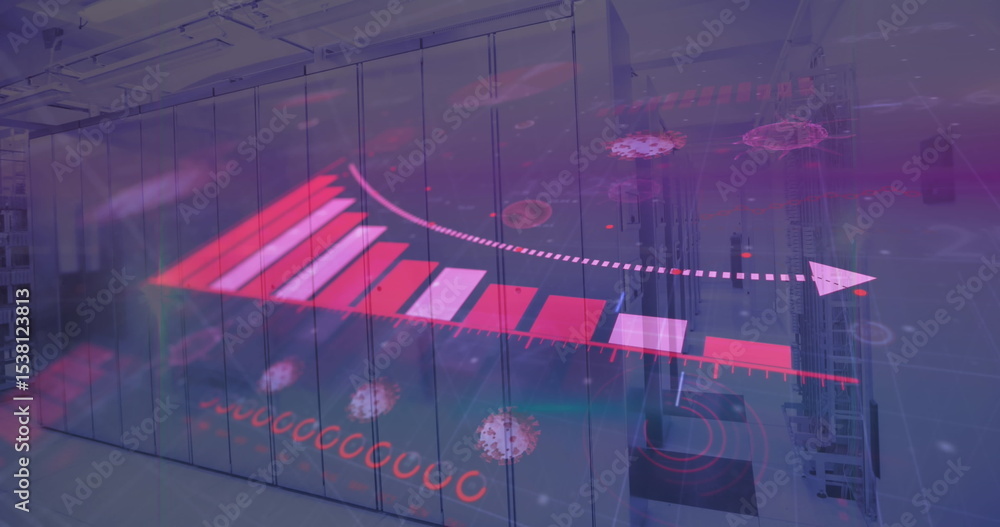Poster translucent bar chart showing falling bars and rising arrow in server room with racks, node icons
