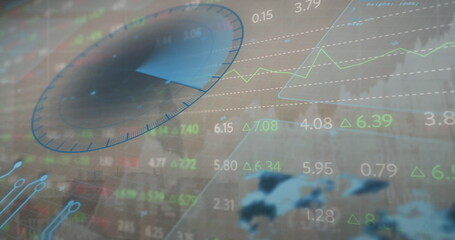 Displaying financial dashboard overlaying facade, with gauge dial and line graphs and delta arrows