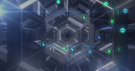 Forming metallic hexagonal tunnel in cyberspace, with glowing carts, neon lines, retail symbols