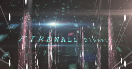 Displaying glowing text FIREWALL DISABLED hovering within cyberspace, pillars, numeric digits