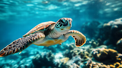 Obraz premium Sea turtle swimming gracefully in the ocean.