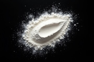  White powder isolated on black background, top view with clipping path