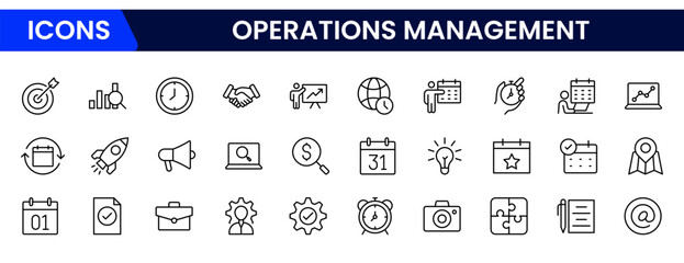 Streamlined vector web line icons depicting operations management, logistics, processes, efficiency, and strategic workflows for optimized business performance.