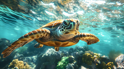 Fototapeta premium Close-up view of a sea turtle swimming in clear, shallow water.