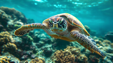 Fototapeta premium Sea turtle swimming amidst coral reef.