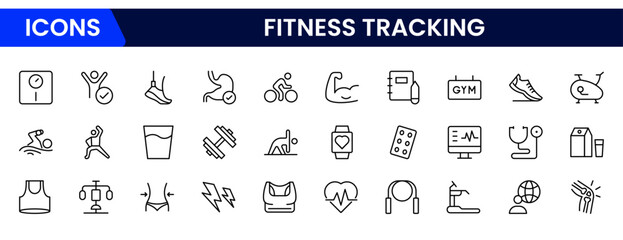 Dynamic vector web line icons depicting fitness tracking, wearables, exercise stats, health apps, and wellness monitoring for active lifestyles.