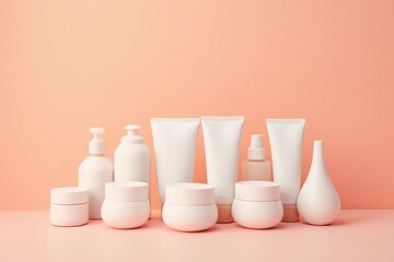 White blank Skin care Beauty Products on pink orange background with shadows, assortment of cosmetics bottles, tubes and jars, healthy cosmetology, spa treatment concept.
