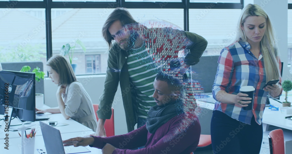 Poster collaborating four coworkers typing pointing leaning and scrolling in open office, with laptops