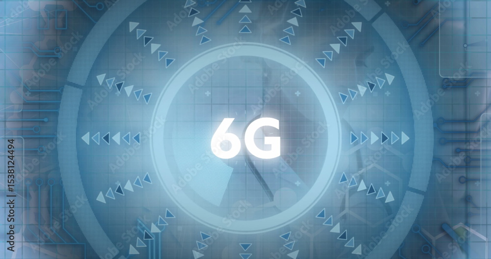 Aufkleber displaying 6g holographic circular interface on grid, with radiating arrows and circuit traces